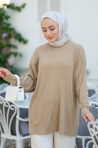 Çizgili Triko Kazak Vizon