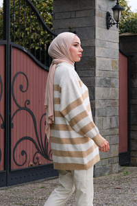 Çizgili Triko Kazak Vizon