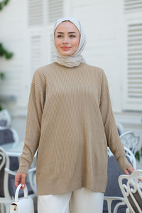 Çizgili Triko Kazak Vizon