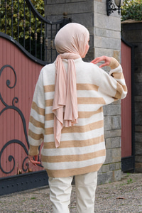 Çizgili Triko Kazak Vizon