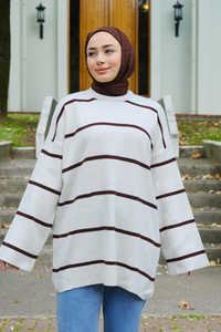 Çizgili Triko Tunik  Acı Kahve-Beyaz