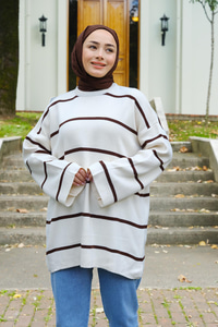 Çizgili Triko Tunik  Acı Kahve-Beyaz