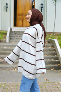 Çizgili Triko Tunik  Acı Kahve-Beyaz
