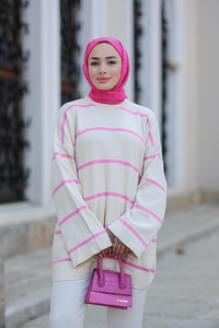 Çizgili Triko Tunik Pembe