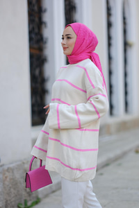 Çizgili Triko Tunik Pembe