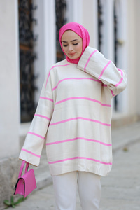 Çizgili Triko Tunik Pembe