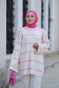 Çizgili Triko Tunik Pembe