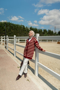 Çizgili Uzun Triko Ceket Bordo