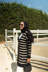 Çizgili Uzun Triko Ceket Siyah