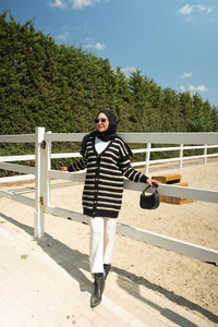 Çizgili Uzun Triko Ceket Siyah