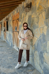 Çizgili Uzun Triko Ceket Vizon