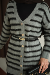 Çizgili Uzun Triko Hırka Füme