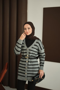 Çizgili Uzun Triko Hırka Füme