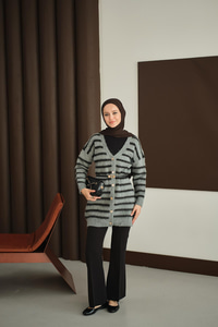 Çizgili Uzun Triko Hırka Füme