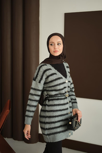 Çizgili Uzun Triko Hırka Füme