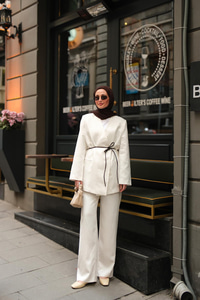 Çizgili Vizolin Kruvaze Ceket  Beyaz