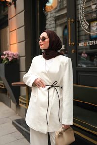 Çizgili Vizolin Kruvaze Ceket  Beyaz