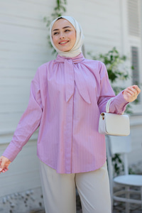 Çizgili Yaka Bağlamalı Gömlek Pembe