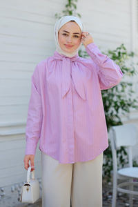 Çizgili Yaka Bağlamalı Gömlek Pembe