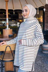 Uygun Fiyatlı CIZGILI YAN YIRTMACLI TUNIK KAHVERENGI | Loccomoda.com 