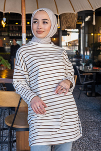 Uygun Fiyatlı CIZGILI YAN YIRTMACLI TUNIK KAHVERENGI | Loccomoda.com 