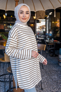 Uygun Fiyatlı CIZGILI YAN YIRTMACLI TUNIK KAHVERENGI | Loccomoda.com 