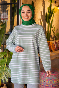 Uygun Fiyatlı CIZGILI YAN YIRTMACLI TUNIK MINT YESIL | Loccomoda.com 