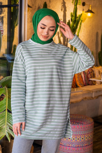 Uygun Fiyatlı CIZGILI YAN YIRTMACLI TUNIK MINT YESIL | Loccomoda.com 