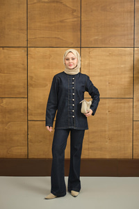 Çoban Düğme Detay Bel Lastikli Beli Ayarlanabilir Kot Takım Lacivert