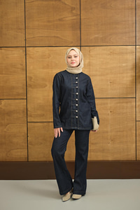 Çoban Düğme Detay Bel Lastikli Beli Ayarlanabilir Kot Takım Lacivert