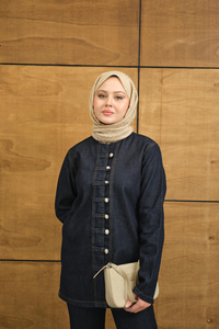 Çoban Düğme Detay Bel Lastikli Beli Ayarlanabilir Kot Takım Lacivert