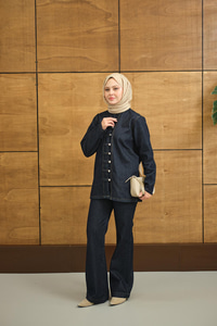 Çoban Düğme Detay Bel Lastikli Beli Ayarlanabilir Kot Takım Lacivert