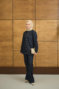 Çoban Düğme Detay Bel Lastikli Beli Ayarlanabilir Kot Takım Lacivert