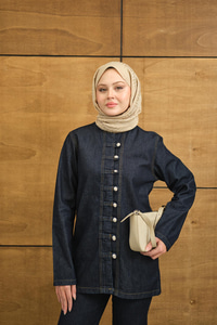 Çoban Düğme Detay Bel Lastikli Beli Ayarlanabilir Kot Takım Lacivert