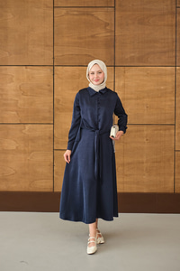 Çoban Düğmeli Kraş Bağlamalı Kendinden Desenli Etekli Takım Lacivert