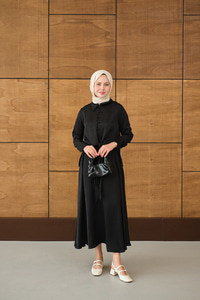 Çoban Düğmeli Kraş Bağlamalı Kendinden Desenli Etekli Takım Siyah