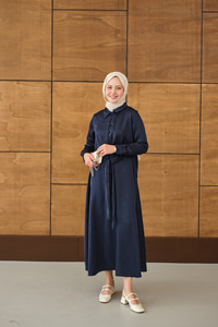 Çoban Düğmeli Kraş Bağlamalı Kendinden Desenli Etekli Takım Lacivert