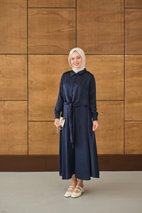 Çoban Düğmeli Kraş Bağlamalı Kendinden Desenli Etekli Takım Lacivert