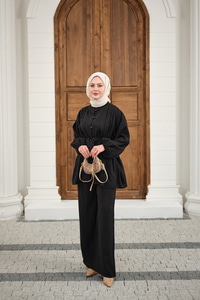 Çoban Düğmeli Pantolonlu Pilise Detay Takım Siyah