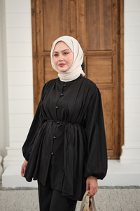 Çoban Düğmeli Pantolonlu Pilise Detay Takım Siyah