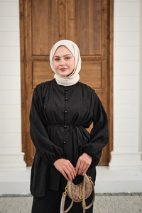 Çoban Düğmeli Pantolonlu Pilise Detay Takım Siyah