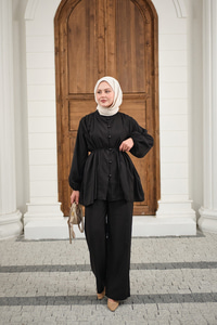 Çoban Düğmeli Pantolonlu Pilise Detay Takım Siyah