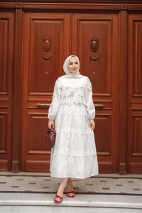 Cyrus Güpürlü Dantelli Elbise Beyaz