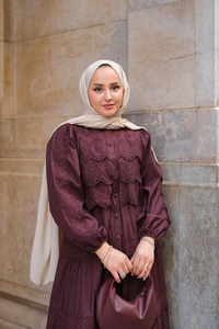 Cyrus Güpürlü Dantelli Elbise Bordo