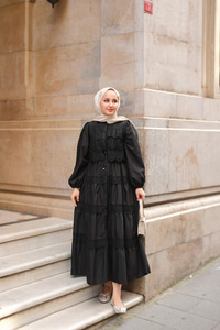 Cyrus Güpürlü Dantelli Elbise Siyah