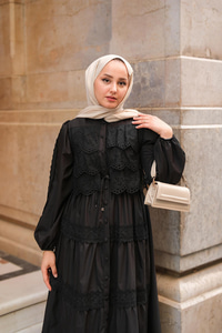 Cyrus Güpürlü Dantelli Elbise Siyah