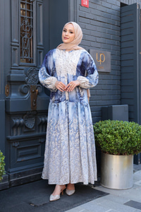 Dantel Desen Elbise Mavi
