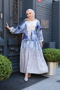 Dantel Desen Elbise Mavi