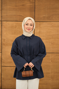 Dantel Detay Bel Bağlamalı Gömlek Lacivert