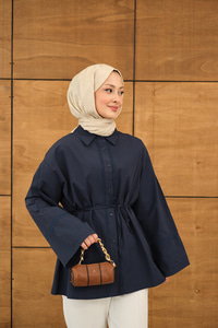 Dantel Detay Bel Bağlamalı Gömlek Lacivert